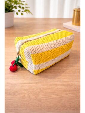 New Yellow & White Stripped Makeup Bag Nylon Mesh Cosmetic Bag W/ Cherry Zipper